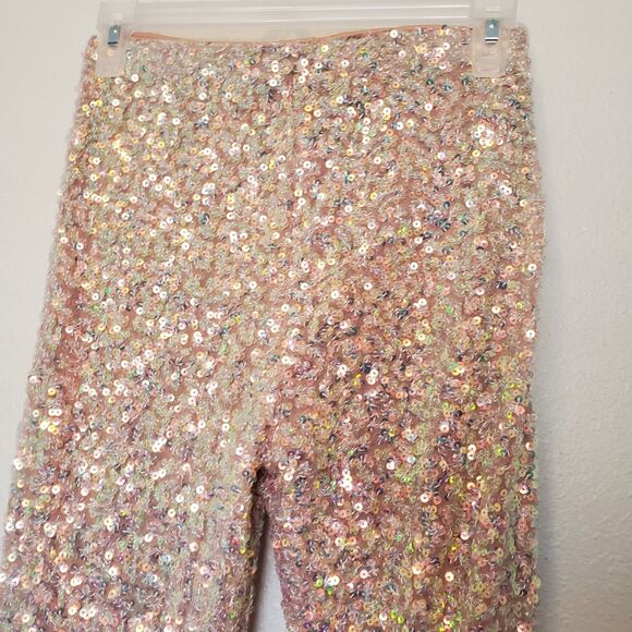 Forever 21 Sequin Mid Rise Flare Pants Women's Size S Pullon Peach Pink - Picture 7 of 16